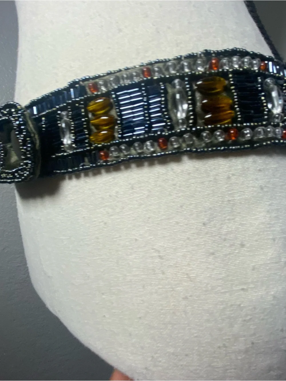 Eclectic Olive Green Satin Multicolor Beaded Belt Size Mediun